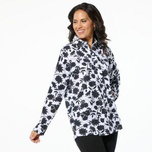 HUE Long Sleeve Button Front Nap Shirt Size Large Black Floral White Boho Career